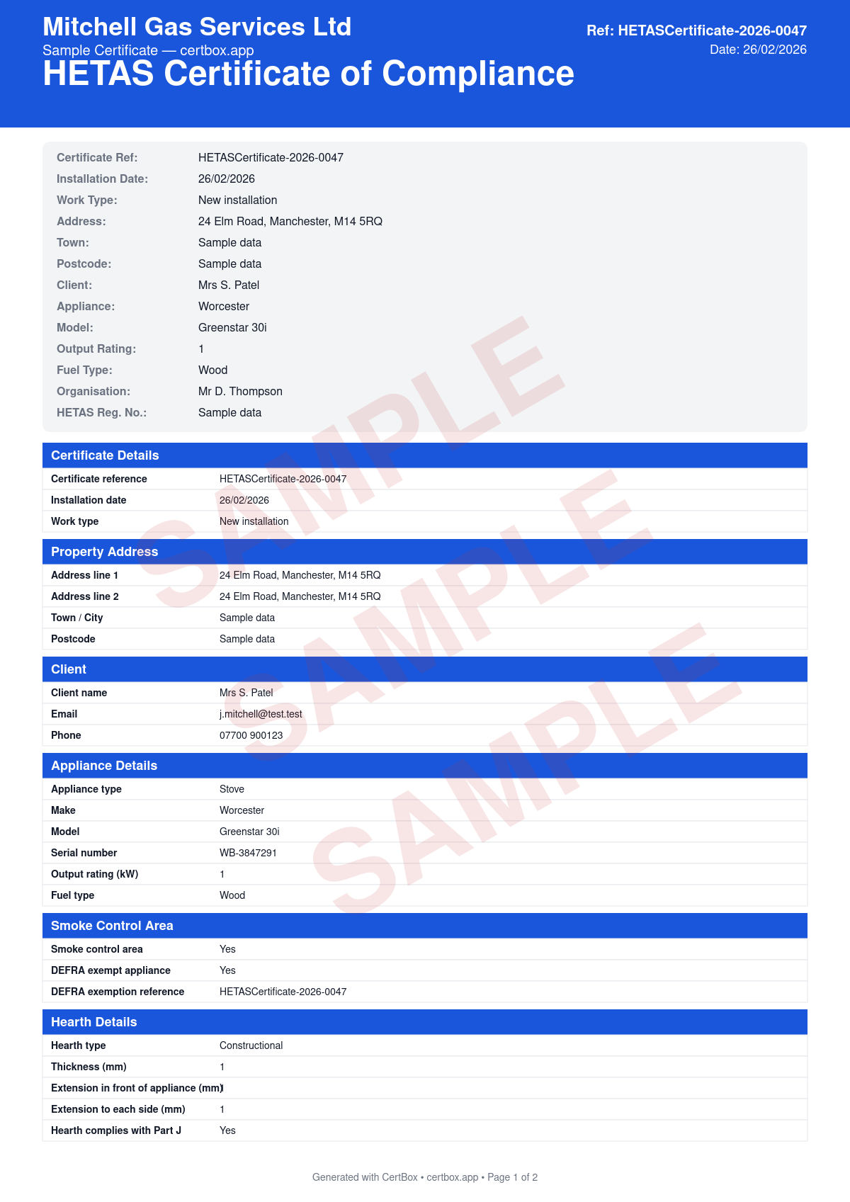 Sample HETAS Certificate of Compliance certificate created with CertBox, showing the professional PDF layout with appliance details and defra exemption status, hearth, fireplace recess, and chimney specification, flue installation and termination height