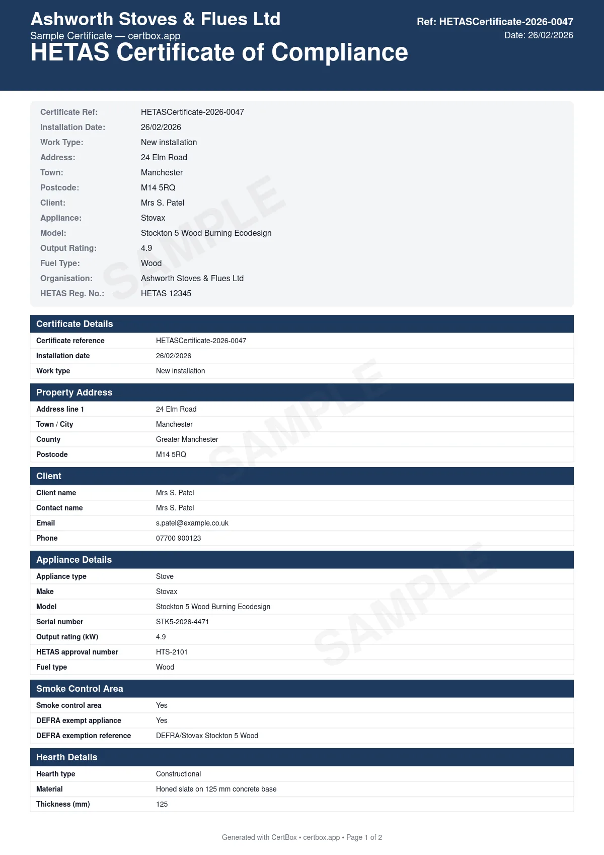 Sample HETAS Certificate of Compliance certificate created with CertBox, showing the professional PDF layout with appliance details and defra exemption status, hearth, fireplace recess, and chimney specification, flue installation and termination height