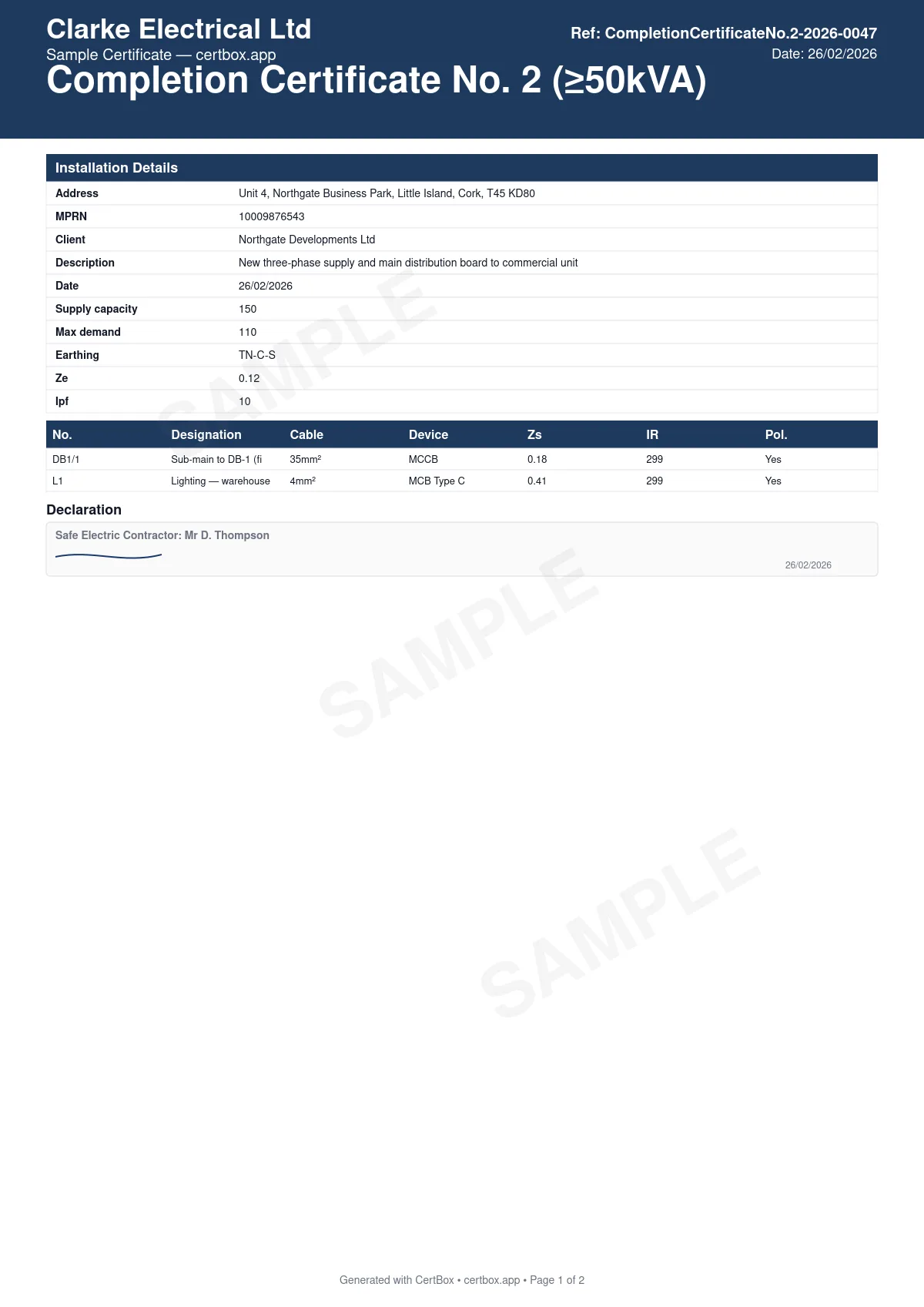 Sample Completion Certificate (>=50kVA) certificate created with CertBox, showing the professional PDF layout with installation address, client details, and description of work, earthing system and three-phase supply characteristics, supply capacity (kva) and maximum demand