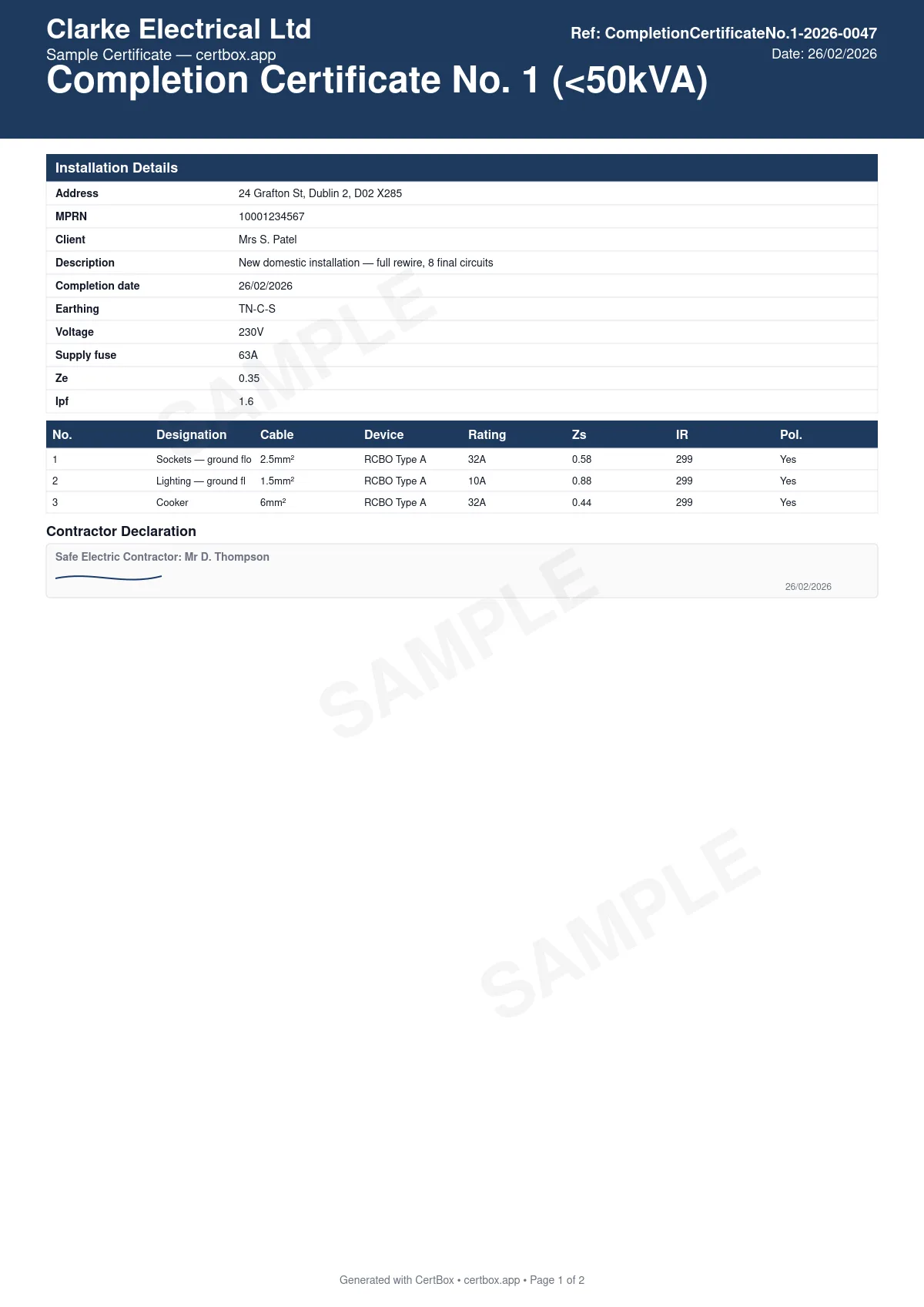 Sample Completion Certificate (Sub-50kVA) certificate created with CertBox, showing the professional PDF layout with installation address, client details, and description of work, earthing system (tn-s, tn-c-s, tt) and supply characteristics, ze at origin and prospective fault current (ipf)