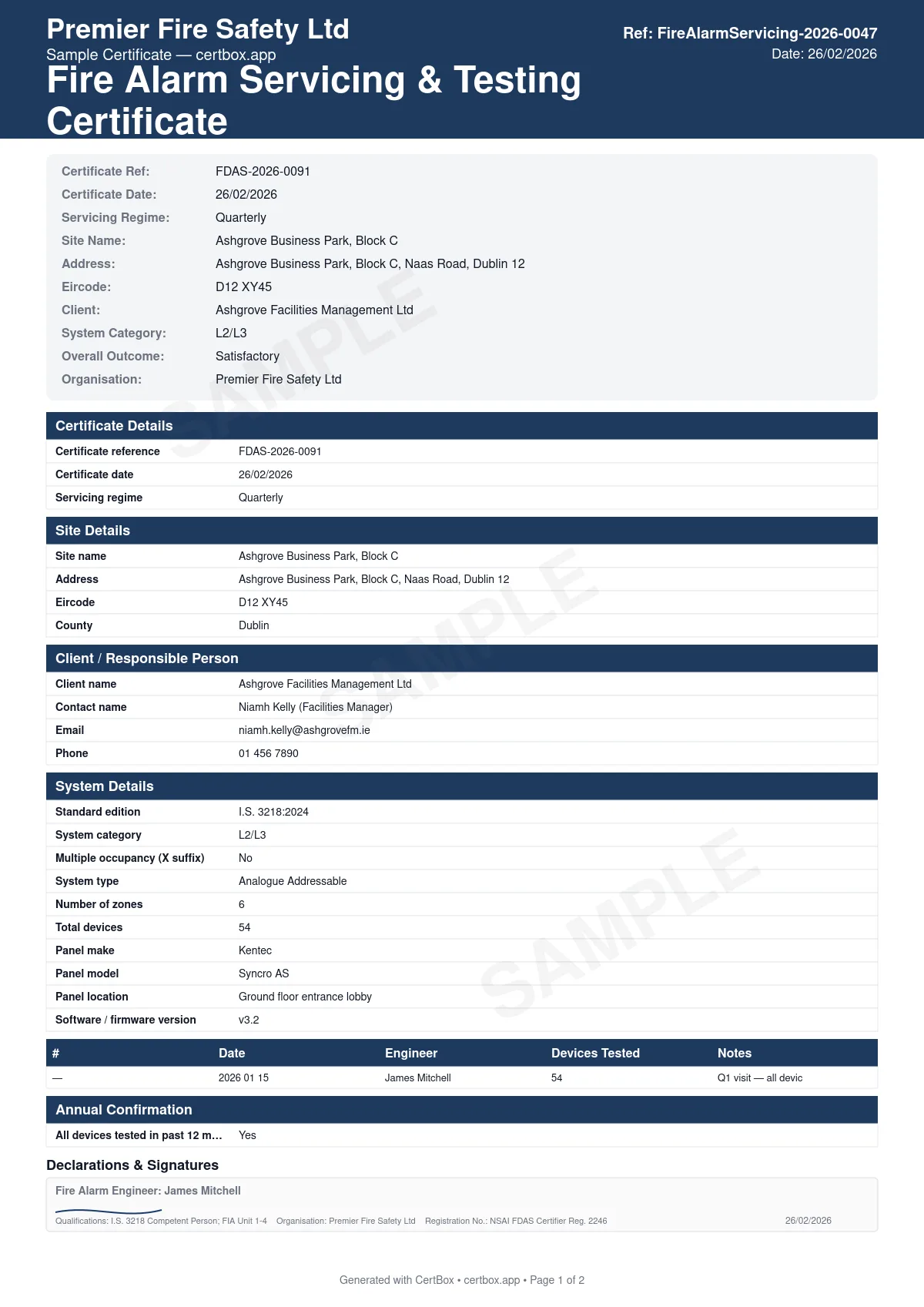 Sample Fire Alarm Servicing & Testing Certificate certificate created with CertBox, showing the professional PDF layout with service visit history across the past 12 months, system category (m, l1, l3, l4, l2/l3, l2/l4 per i.s. 3218:2024), visual inspection of panel, wiring and devices