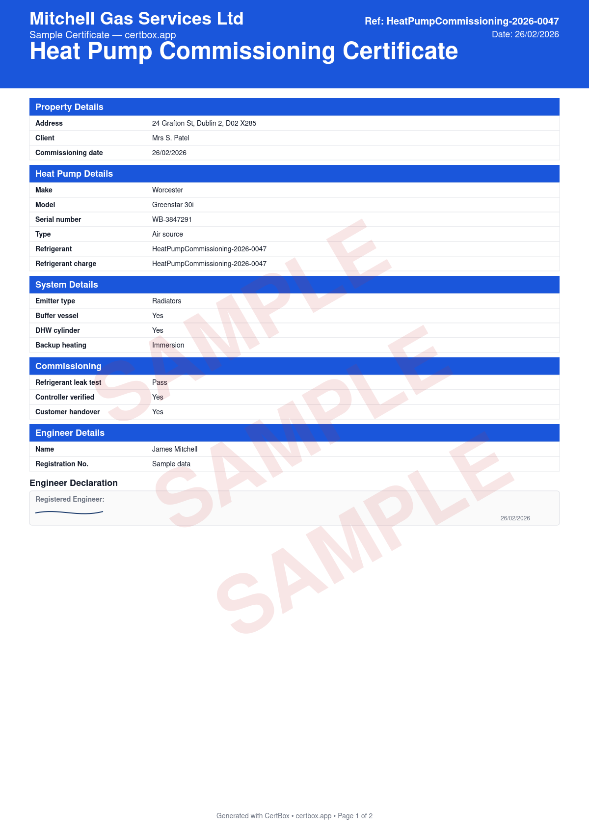 Sample Heat Pump Commissioning Certificate certificate created with CertBox, showing the professional PDF layout with heat pump make, model, serial number, and type (air / ground / water source), refrigerant type, charge (kg), rated output (kw), and rated cop, emitter type (radiators, underfloor heating, fan coil, mixed)