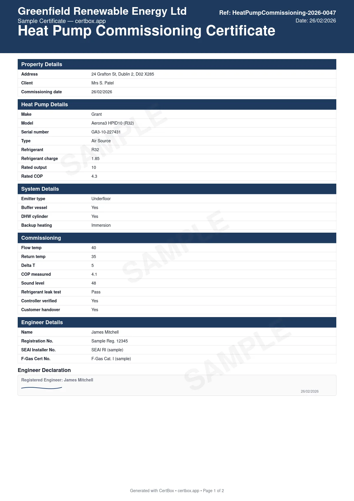 Sample Heat Pump Commissioning Certificate certificate created with CertBox, showing the professional PDF layout with heat pump make, model, serial number, and type (air / ground / water source), refrigerant type, charge (kg), rated output (kw), and rated cop, emitter type (radiators, underfloor heating, fan coil, mixed)