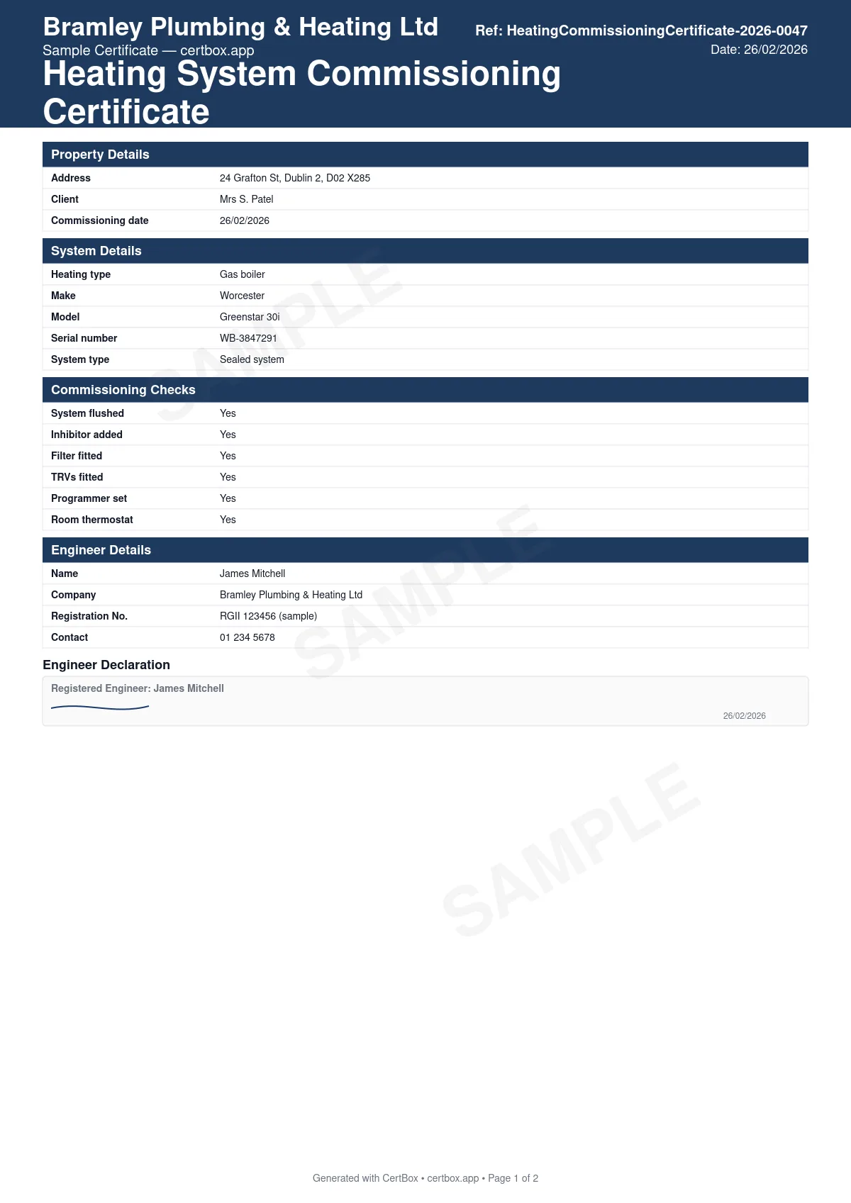 Sample Heating System Commissioning Certificate certificate created with CertBox, showing the professional PDF layout with heating type (gas, oil, heat pump, electric) and system type (sealed / open vented), boiler make, model, serial number, and output (kw), system flush and inhibitor treatment with inhibitor type