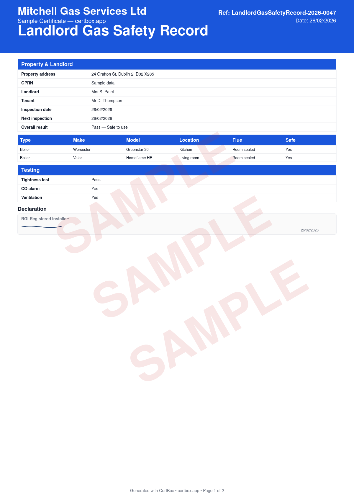 Sample Landlord Gas Safety Record (Ireland) certificate created with CertBox, showing the professional PDF layout with rental property address, landlord, and tenant details, each gas appliance inspected with make, model, location, and flue type, safety checks satisfactory / defects noted per appliance