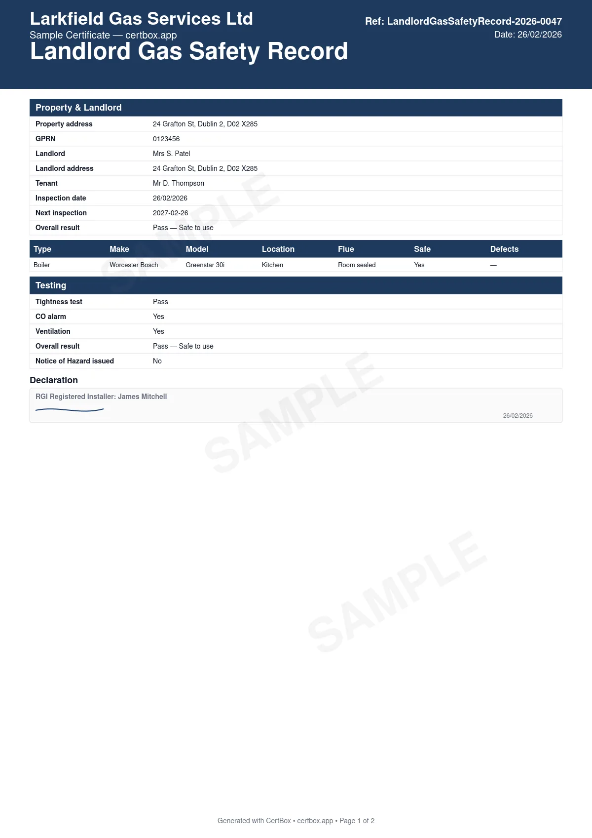 Sample Landlord Gas Safety Record (Ireland) certificate created with CertBox, showing the professional PDF layout with rental property address, landlord, and tenant details, each gas appliance inspected with make, model, location, and flue type, safety checks satisfactory / defects noted per appliance