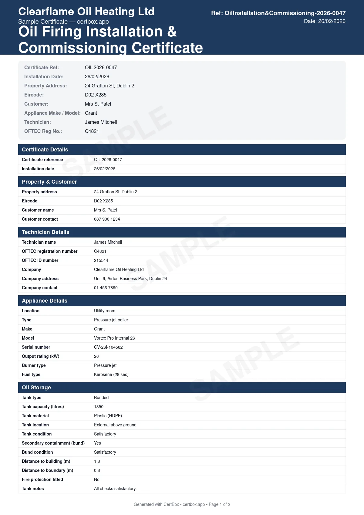 Sample Oil Firing Installation & Commissioning Certificate certificate created with CertBox, showing the professional PDF layout with appliance make, model, output rating, burner and fuel type, oil tank type, capacity, material, location and containment (bund), oil supply line, filter and fire valve