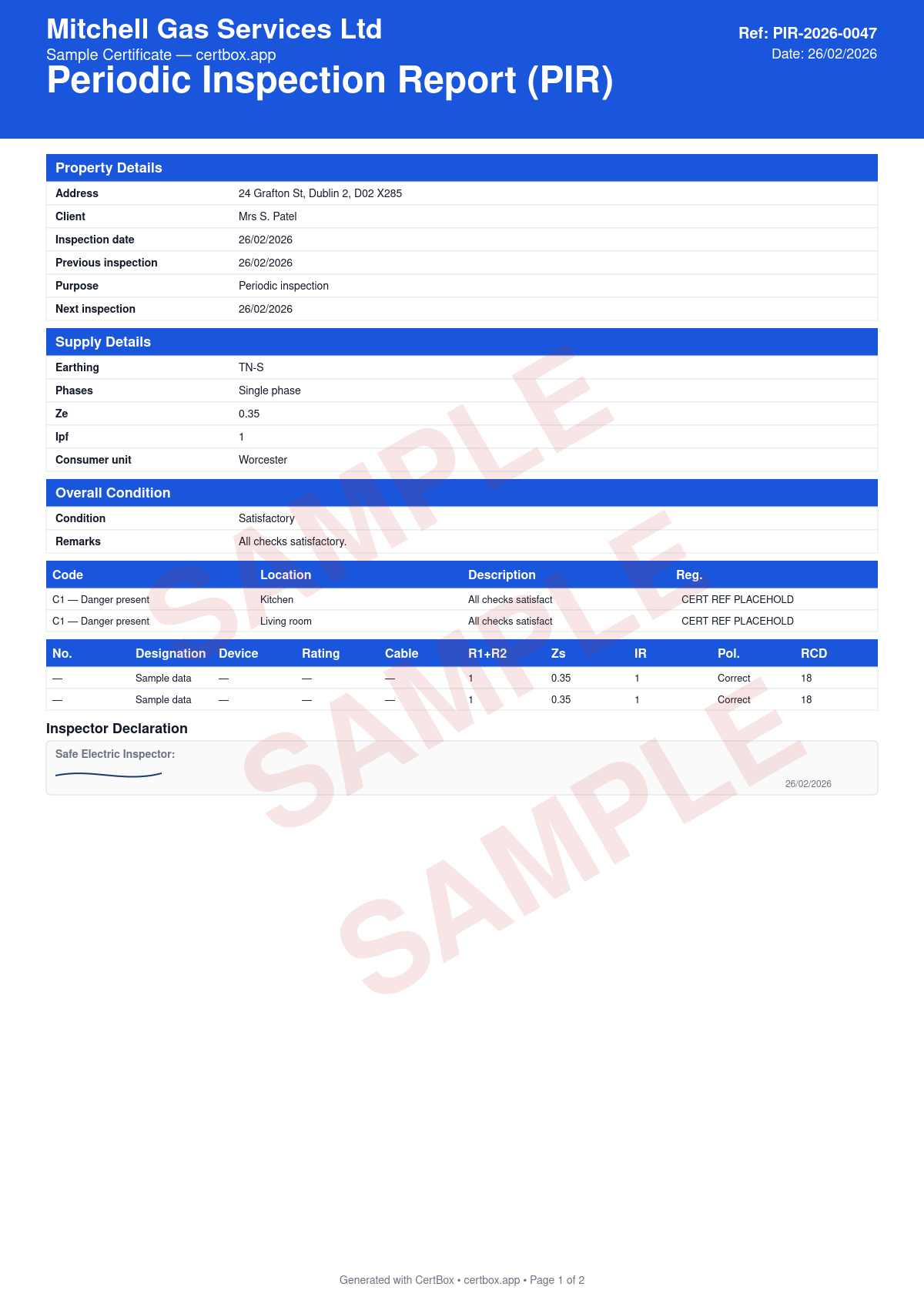 Sample Periodic Inspection Report (PIR) certificate created with CertBox, showing the professional PDF layout with purpose of report and inspection date, supply details including earthing system, ze, and prospective fault current, consumer unit make, type, and main switch rating