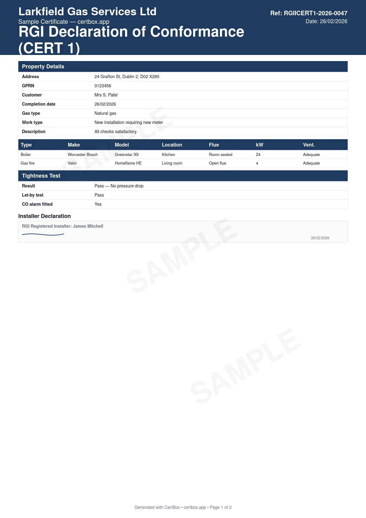 Sample RGII Certificate of Compliance (CERT 1) certificate created with CertBox, showing the professional PDF layout with property and customer details with eircode, gas type (natural gas or lpg) and type of work, description of pipework including material and sizes