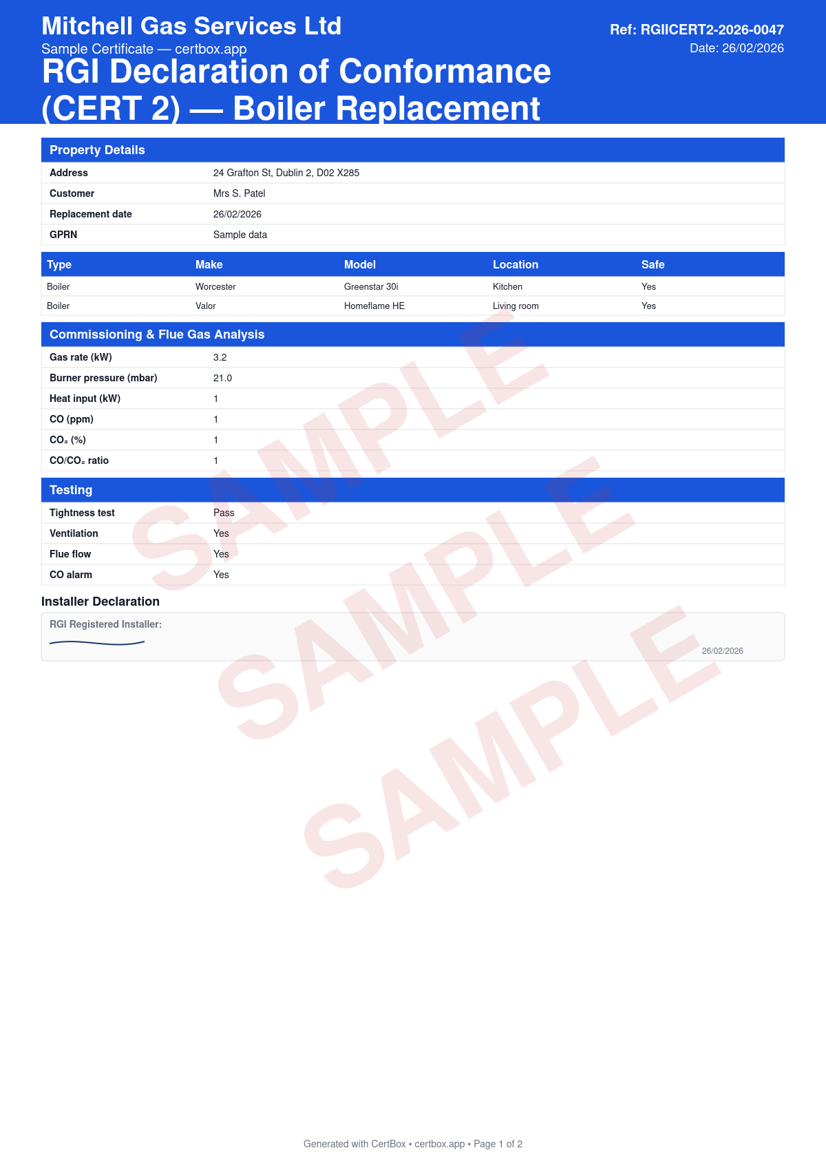 Sample RGII Certificate of Compliance (CERT 2) certificate created with CertBox, showing the professional PDF layout with details of each appliance serviced (type, make, model, flue type), work carried out and parts replaced per appliance, operating pressure readings
