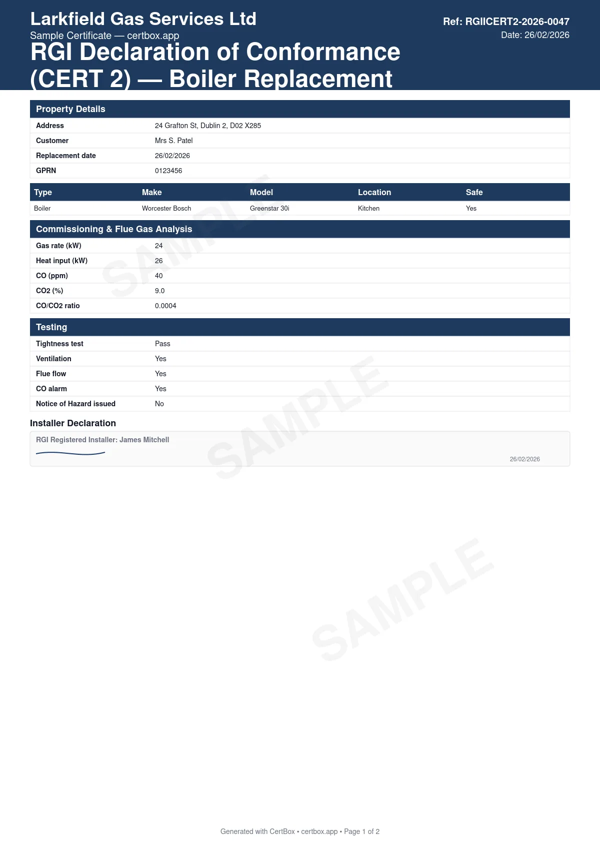 Sample RGII Certificate of Compliance (CERT 2) certificate created with CertBox, showing the professional PDF layout with property and customer details with gprn and eircode, details of the replacement boiler / appliance (type, make, model, flue type), work carried out and parts replaced