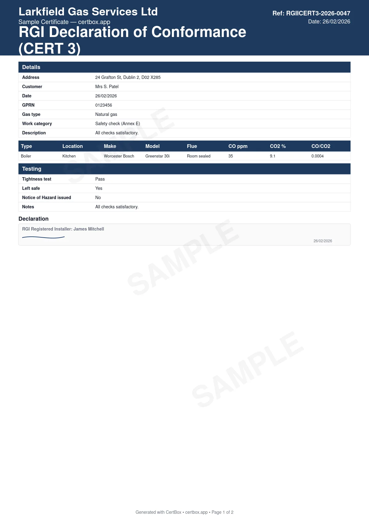 Sample RGII Certificate of Compliance (CERT 3) certificate created with CertBox, showing the professional PDF layout with property and customer details, gas type and category of work (disconnection, reconnection, purging, emergency repair), full description of work carried out