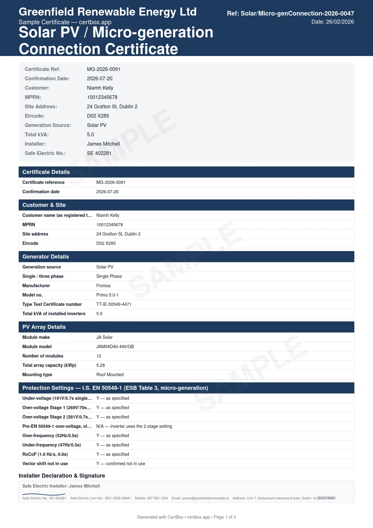Sample Solar PV / Micro-generation Connection Certificate certificate created with CertBox, showing the professional PDF layout with customer, mprn and site details, generator/inverter manufacturer, model, phase and type test certificate number, pv array details (module, capacity, mounting) where applicable