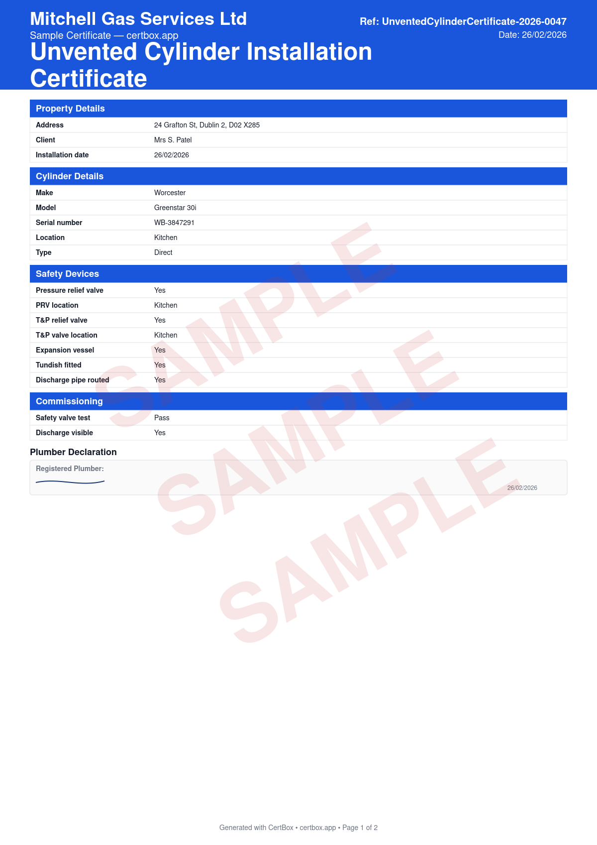 Sample Unvented Cylinder Installation Certificate certificate created with CertBox, showing the professional PDF layout with cylinder make, model, serial number, capacity, and type (direct/indirect), safety devices: pressure relief valve, t&p relief valve, expansion vessel, and tundish, discharge pipe routing confirmation