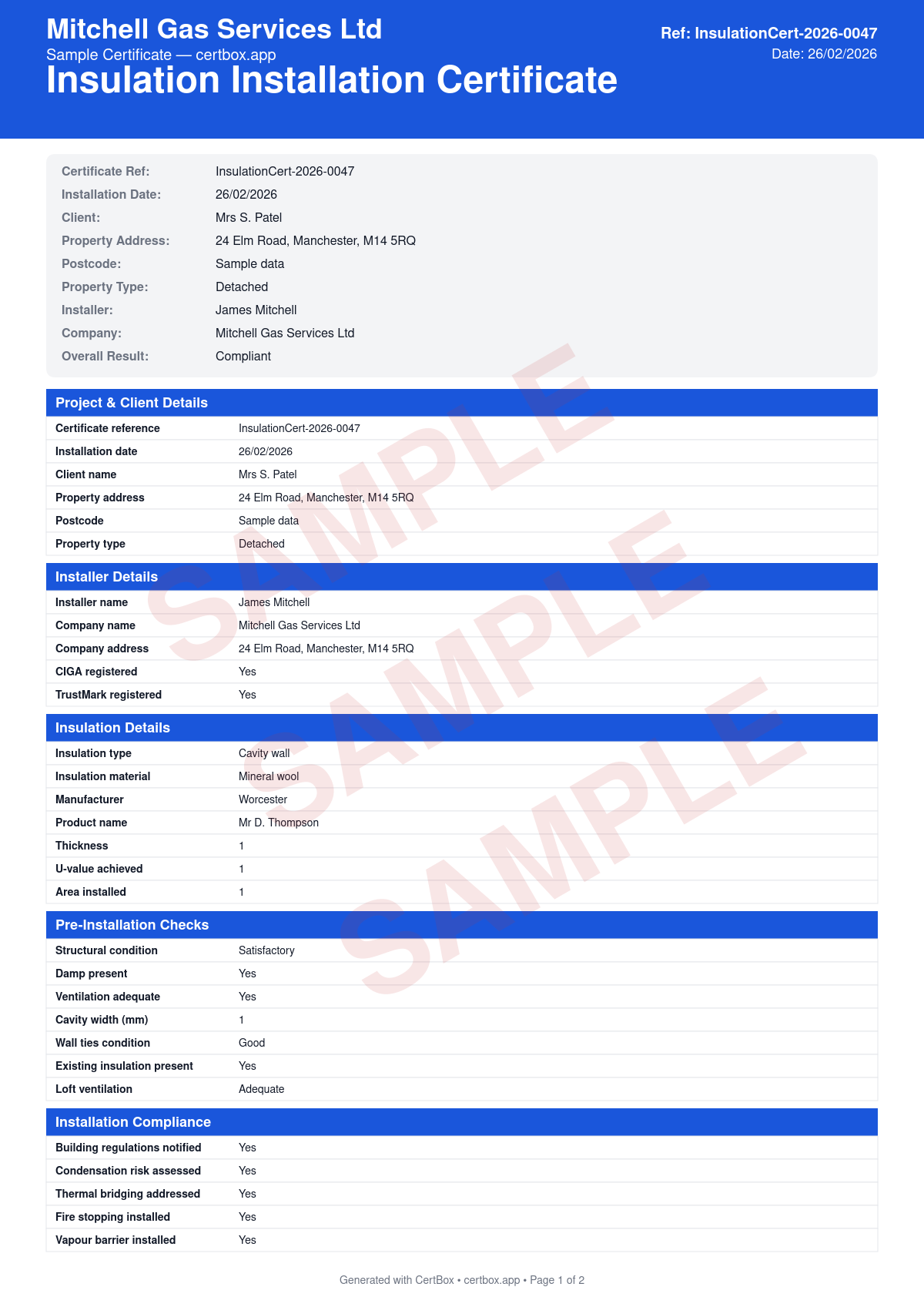 Sample Insulation Installation Certificate certificate created with CertBox, showing the professional PDF layout with insulation type and material, manufacturer and bba/kiwa certification, thickness and u-value achieved