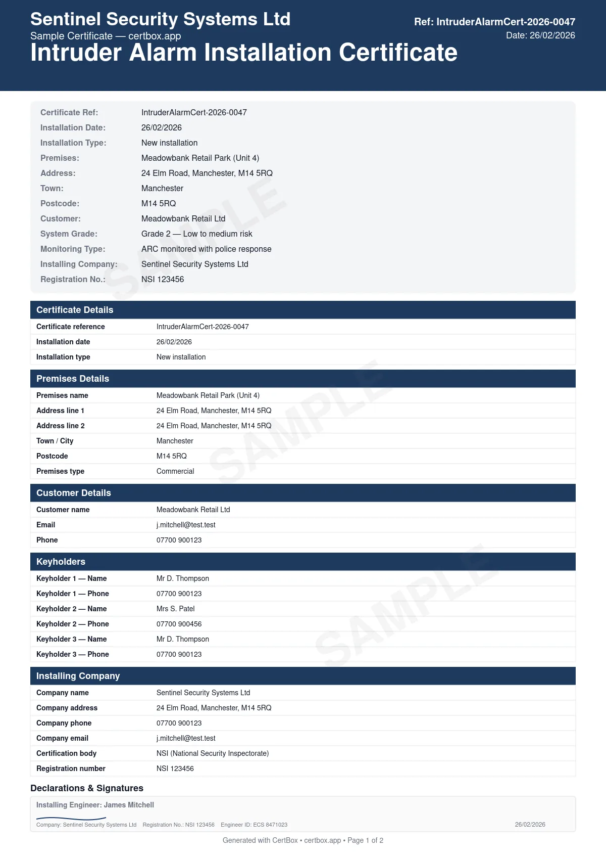 Sample Intruder Alarm Installation Certificate certificate created with CertBox, showing the professional PDF layout with system grade (1-4) and environmental class, detector types and locations, control panel and keypad details