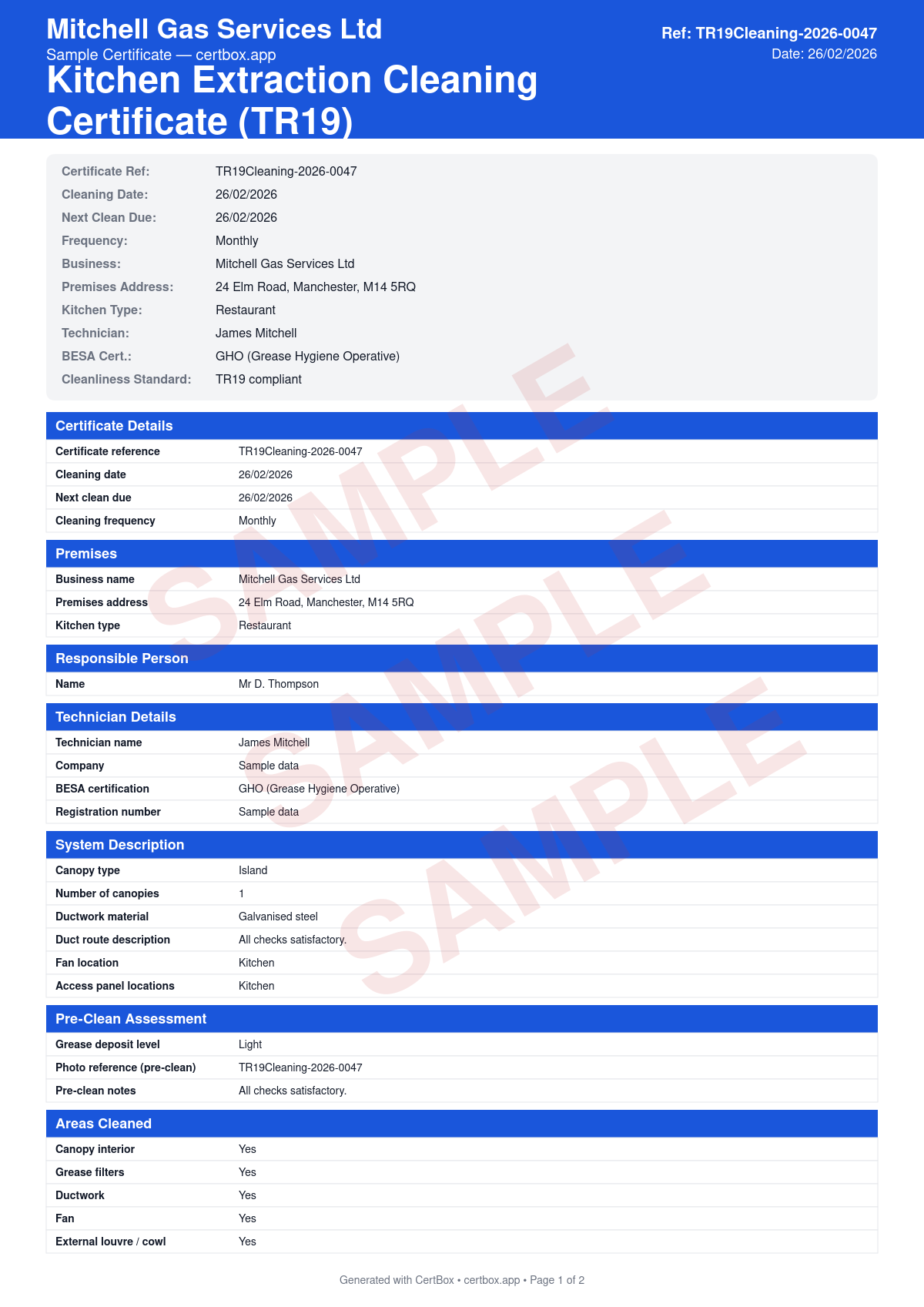 Sample Kitchen Extraction Cleaning Certificate (TR19) certificate created with CertBox, showing the professional PDF layout with pre-clean inspection and grease deposit levels, cleaning method and access points used, post-clean inspection and photographic evidence