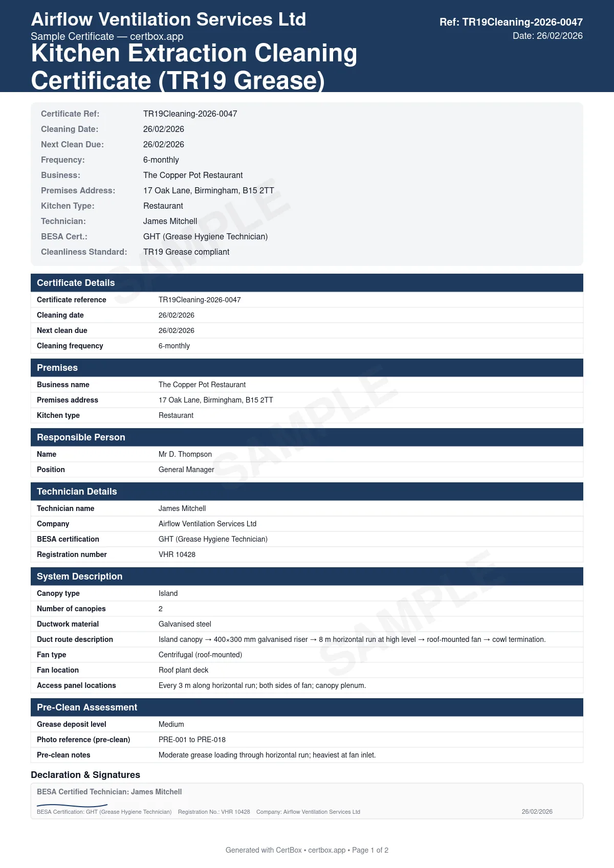Sample Kitchen Extraction Cleaning Certificate (TR19) certificate created with CertBox, showing the professional PDF layout with pre-clean inspection and grease deposit levels, cleaning method and access points used, post-clean inspection and photographic evidence