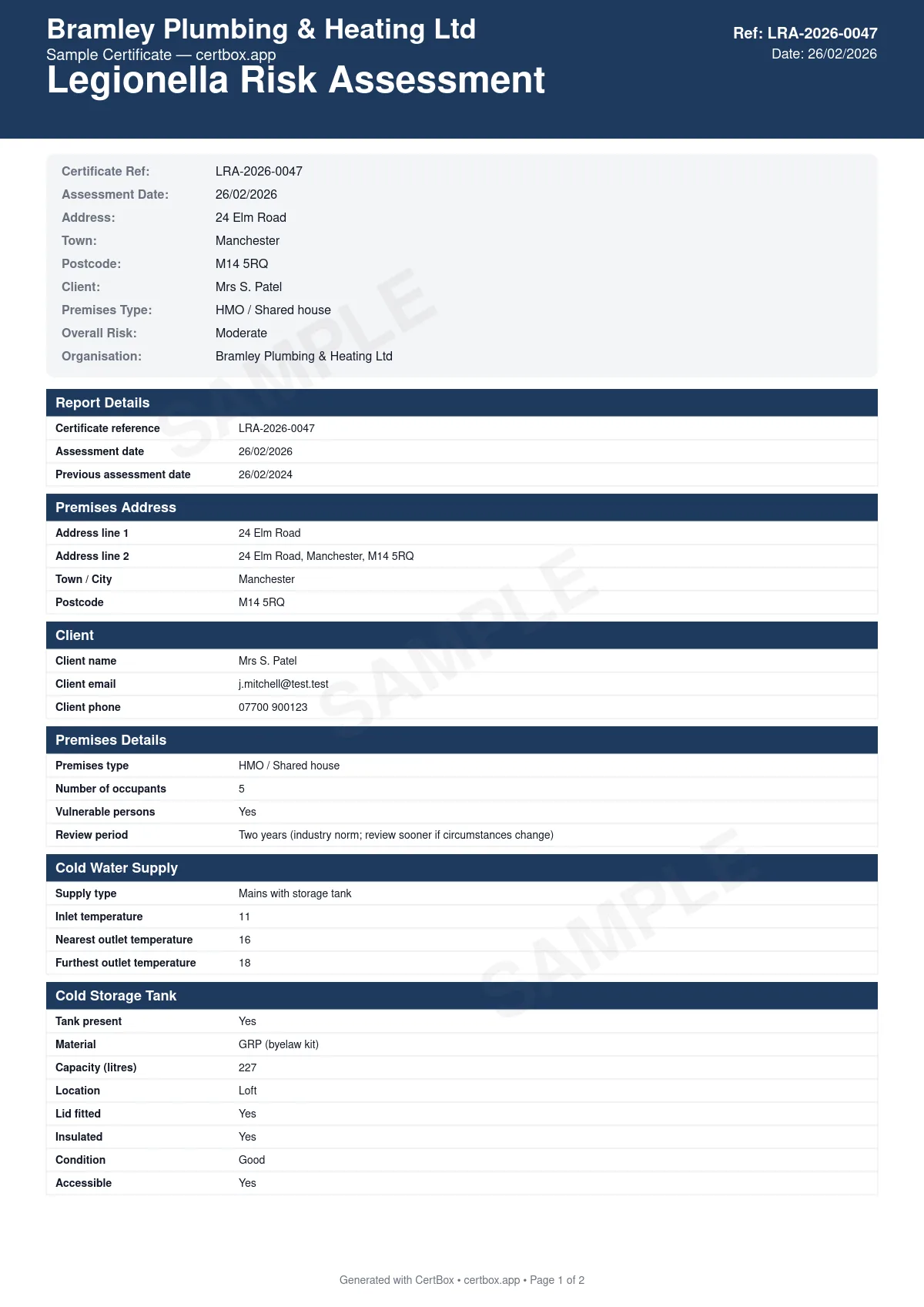 Sample Legionella Risk Assessment certificate created with CertBox, showing the professional PDF layout with water system survey and schematic, temperature monitoring (hot and cold), storage tank inspection