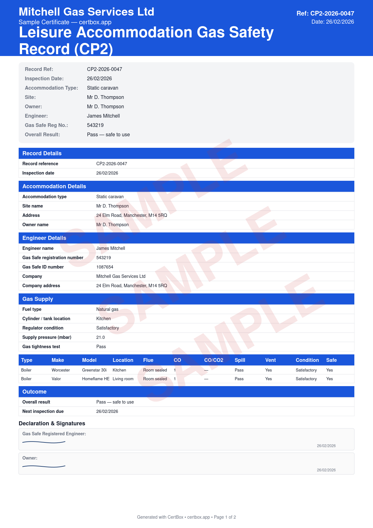 Sample Leisure Accommodation Gas Safety Record (CP2) certificate created with CertBox, showing the professional PDF layout with lpg supply, regulator, and cylinder condition, gas pipework tightness test, each appliance safety check and combustion analysis