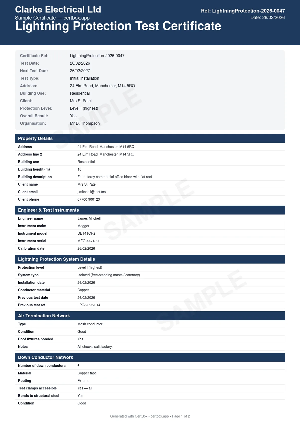 Sample Lightning Protection Test Certificate certificate created with CertBox, showing the professional PDF layout with earth electrode resistance measurements, bonding continuity tests, air termination network inspection