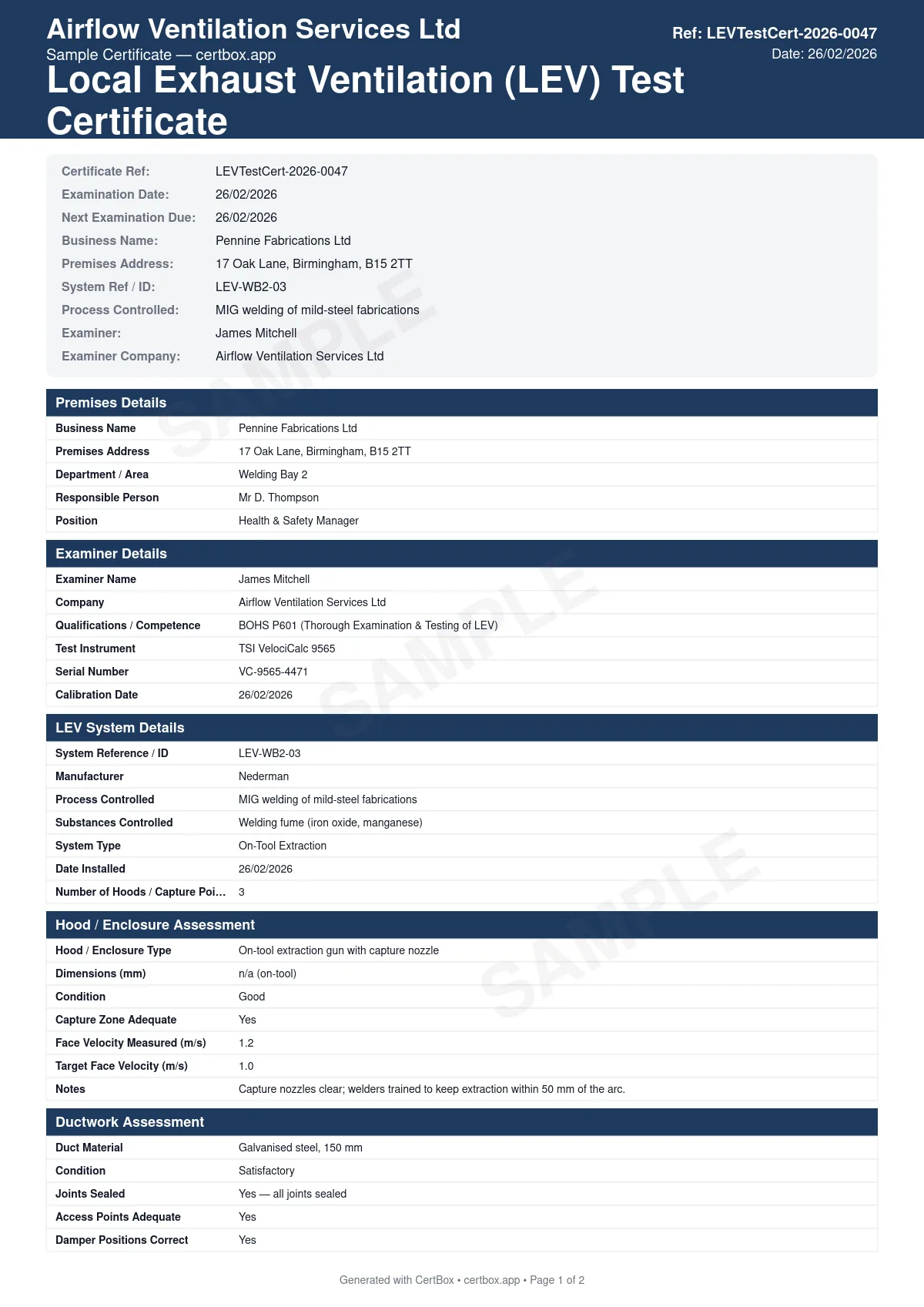 Sample Local Exhaust Ventilation (LEV) Test Certificate certificate created with CertBox, showing the professional PDF layout with lev system description and process, hood/enclosure face velocity measurements, duct transport velocity
