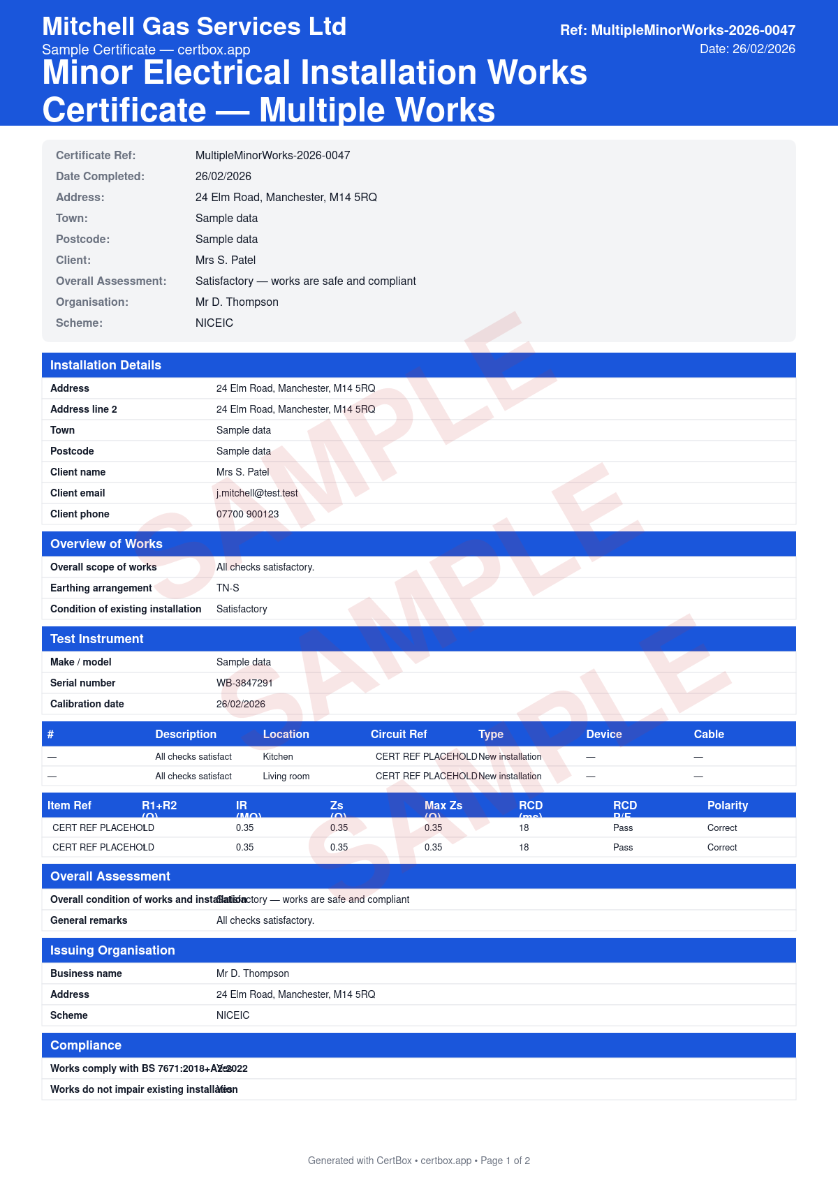 Sample Minor Electrical Installation Works — Multiple Works certificate created with CertBox, showing the professional PDF layout with works schedule with descriptions, location and circuit reference per item, type of work (new/addition/alteration/replacement)