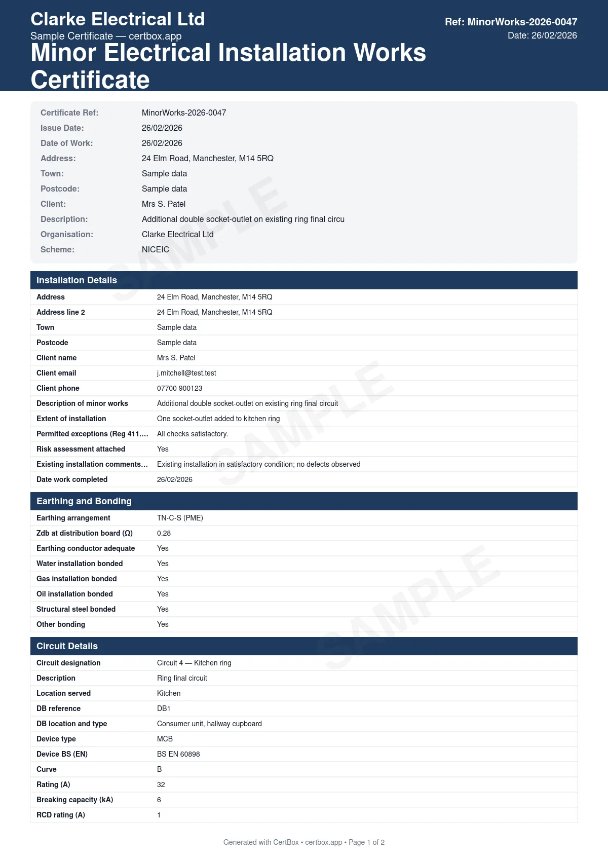 Sample Minor Electrical Installation Works Certificate certificate created with CertBox, showing the professional PDF layout with description of the minor works carried out, circuit details and protective device, test results (zs, insulation resistance, polarity)