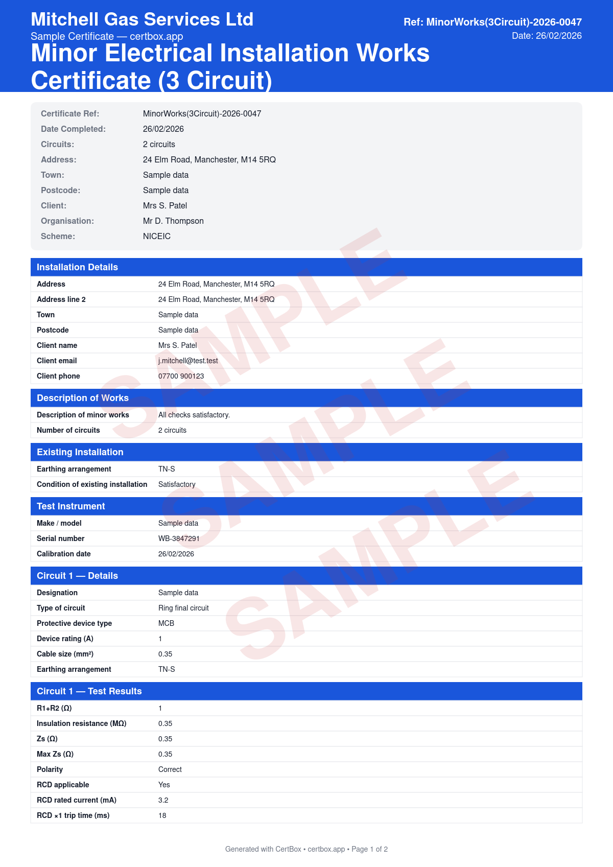 Sample Minor Electrical Installation Works Certificate (3 Circuit) certificate created with CertBox, showing the professional PDF layout with circuit details for up to 3 circuits, protective device type and rating per circuit, cable type and size per circuit