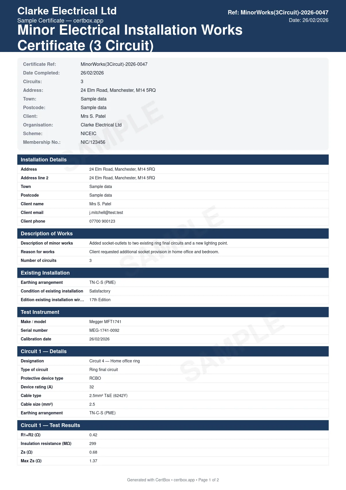 Sample Minor Electrical Installation Works Certificate (3 Circuit) certificate created with CertBox, showing the professional PDF layout with circuit details for up to 3 circuits, protective device type and rating per circuit, cable type and size per circuit