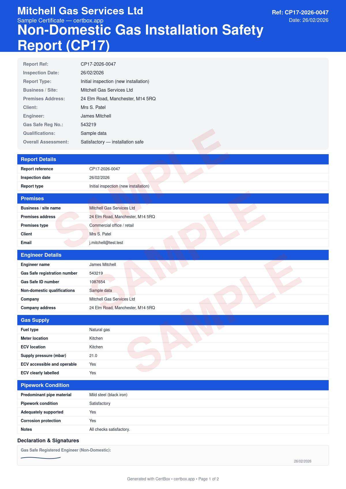 Sample Non-Domestic Gas Installation Safety Report (CP17) certificate created with CertBox, showing the professional PDF layout with gas meter and emergency control valve condition, pipework inspection and tightness test, each appliance safety assessment and classification