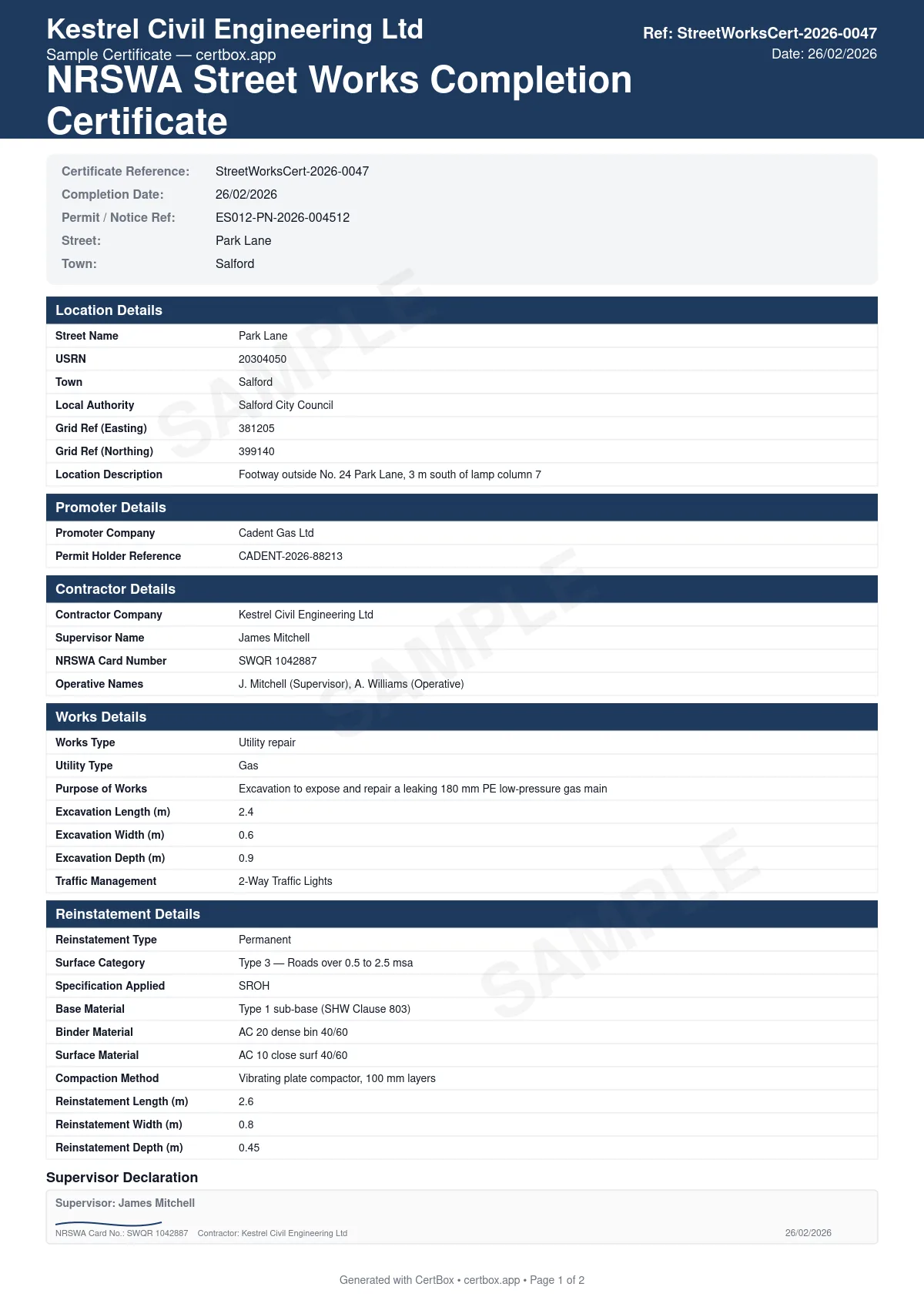 Sample NRSWA Street Works Completion Certificate certificate created with CertBox, showing the professional PDF layout with permit/notice reference number, location and extent of works, reinstatement type and materials