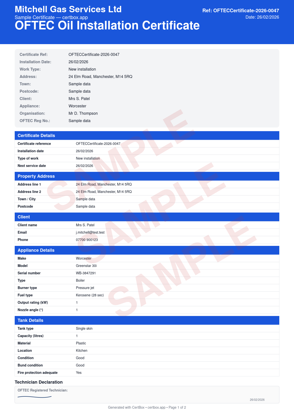Sample OFTEC Installation Certificate certificate created with CertBox, showing the professional PDF layout with oil appliance specification and commissioning, oil storage tank compliance, flue system and termination