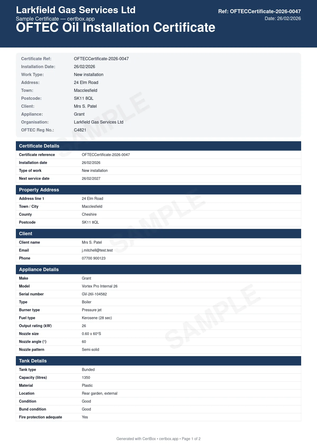 Sample OFTEC Installation Certificate certificate created with CertBox, showing the professional PDF layout with oil appliance specification and commissioning, oil storage tank compliance, flue system and termination