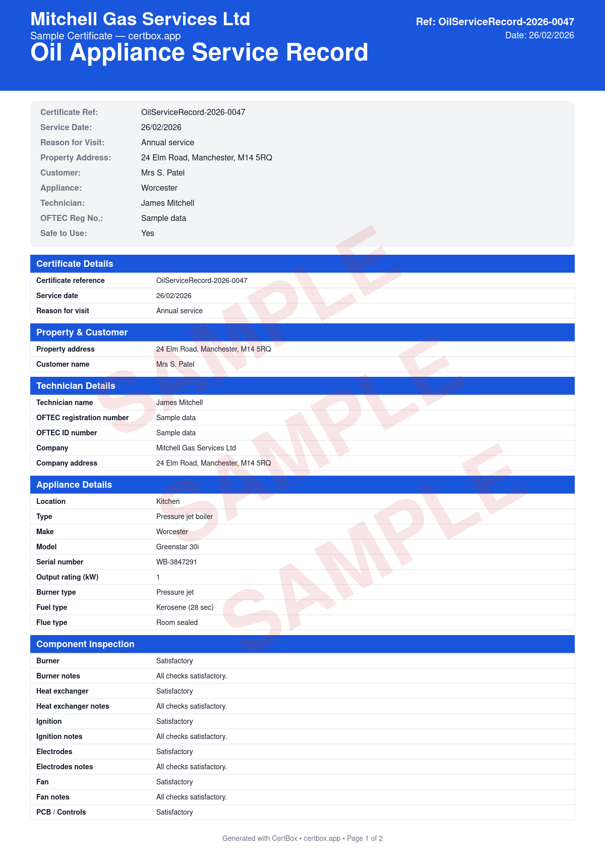 Sample Oil Appliance Service Record certificate created with CertBox, showing the professional PDF layout with burner strip-down, nozzle replacement, and electrode check, combustion analysis (smoke number, co, co2, flue temperature), oil supply line and filter inspection
