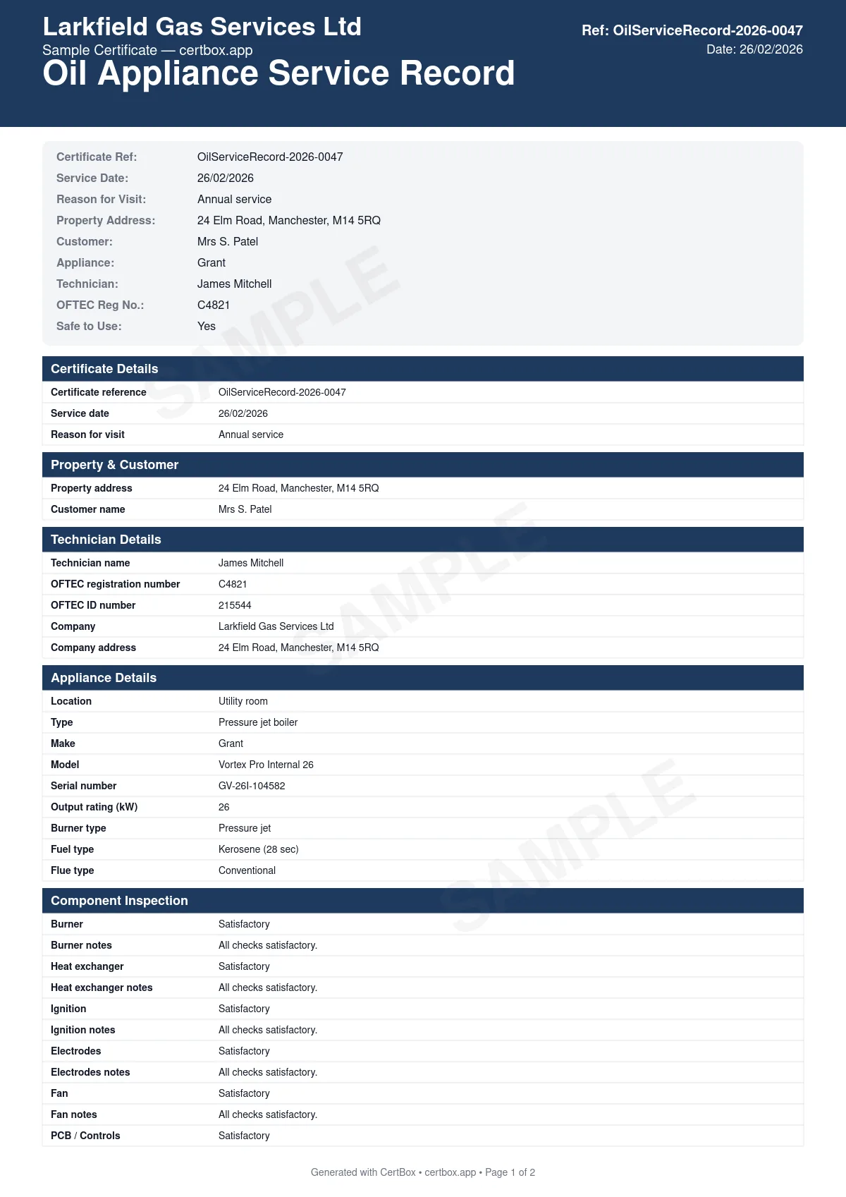 Sample Oil Appliance Service Record certificate created with CertBox, showing the professional PDF layout with burner strip-down, nozzle replacement, and electrode check, combustion analysis (smoke number, co, co2, flue temperature), oil supply line and filter inspection