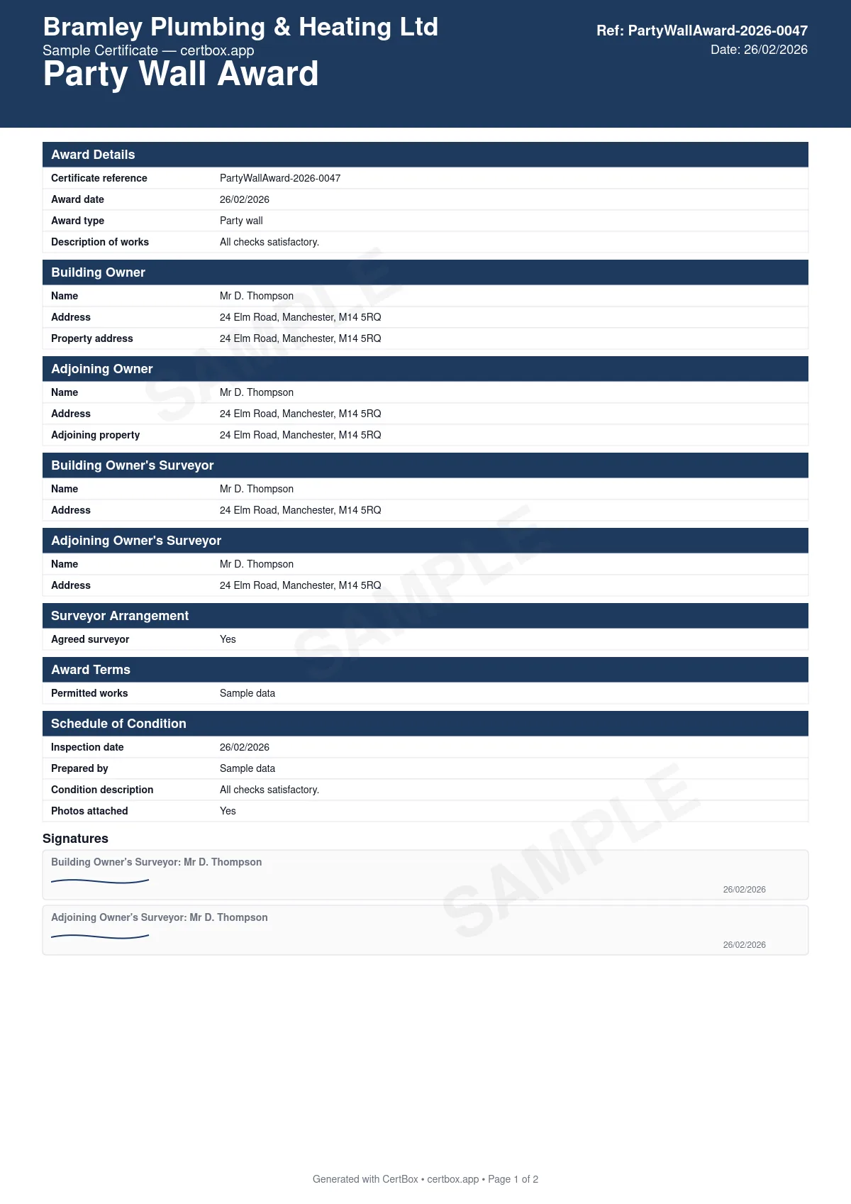 Sample Party Wall Award certificate created with CertBox, showing the professional PDF layout with agreed scope of building works, schedule of condition (before photos), access arrangements
