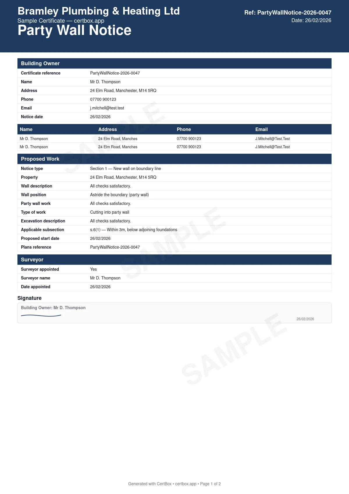 Sample Party Wall Notice certificate created with CertBox, showing the professional PDF layout with type of notice (section 1, 2, or 6), description of proposed works, start date and duration