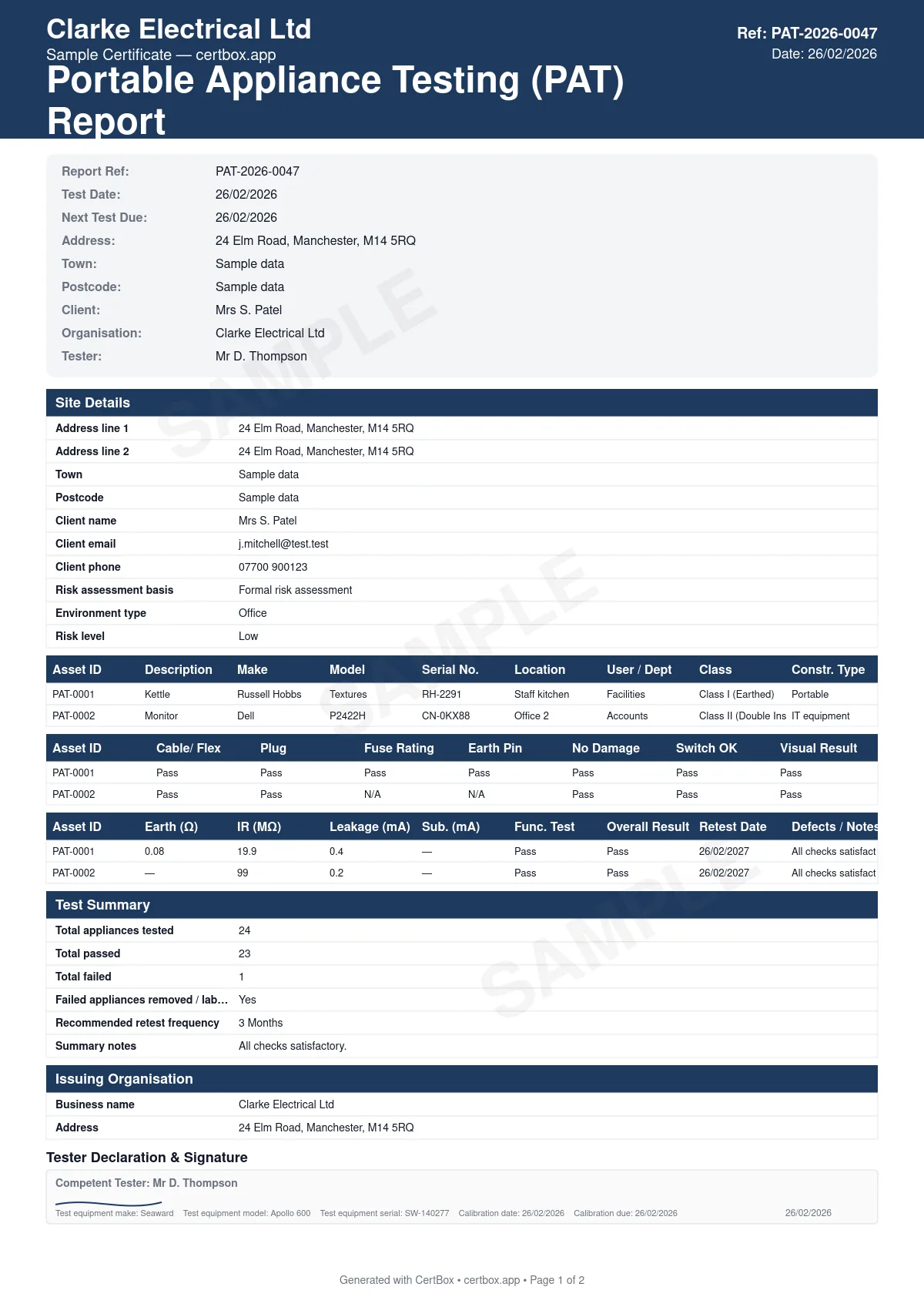 Sample Portable Appliance Test Certificate (PAT) certificate created with CertBox, showing the professional PDF layout with visual inspection of plug, cable, and appliance, earth continuity test, insulation resistance test