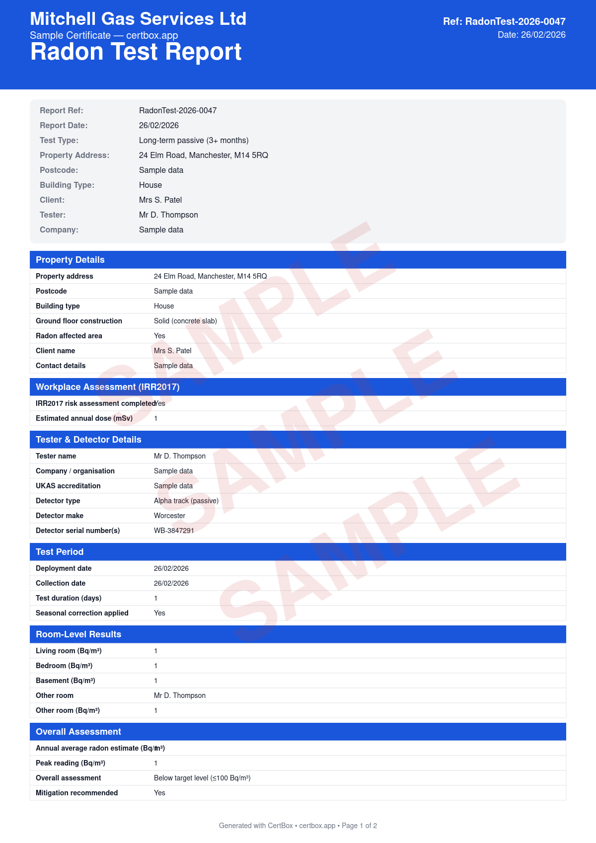Sample Radon Test Report certificate created with CertBox, showing the professional PDF layout with radon concentration measurement (bq/m³), detector placement and measurement period, comparison against action level (200 bq/m³) and target level (100 bq/m³)