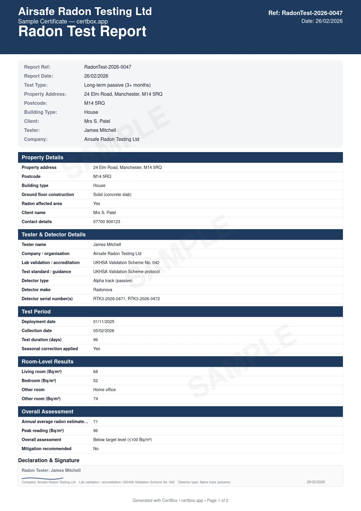 Sample Radon Test Report certificate created with CertBox, showing the professional PDF layout with radon concentration measurement (bq/m³), detector placement and measurement period, comparison against action level (200 bq/m³) and target level (100 bq/m³)