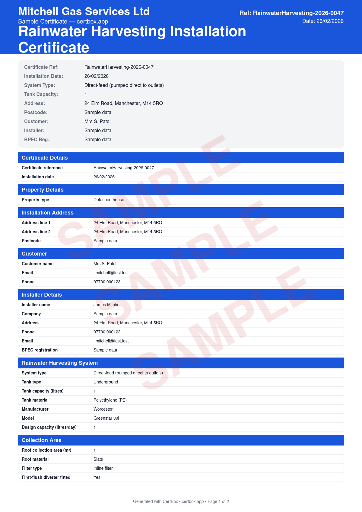 Sample Rainwater Harvesting Installation Certificate certificate created with CertBox, showing the professional PDF layout with tank type, capacity, and location, filtration and first-flush system, pump commissioning and pressure tests