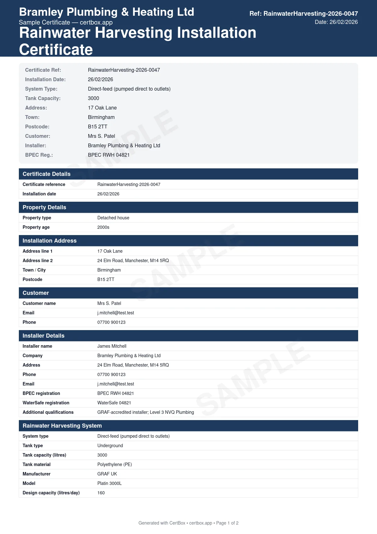 Sample Rainwater Harvesting Installation Certificate certificate created with CertBox, showing the professional PDF layout with tank type, capacity, and location, filtration and first-flush system, pump commissioning and pressure tests