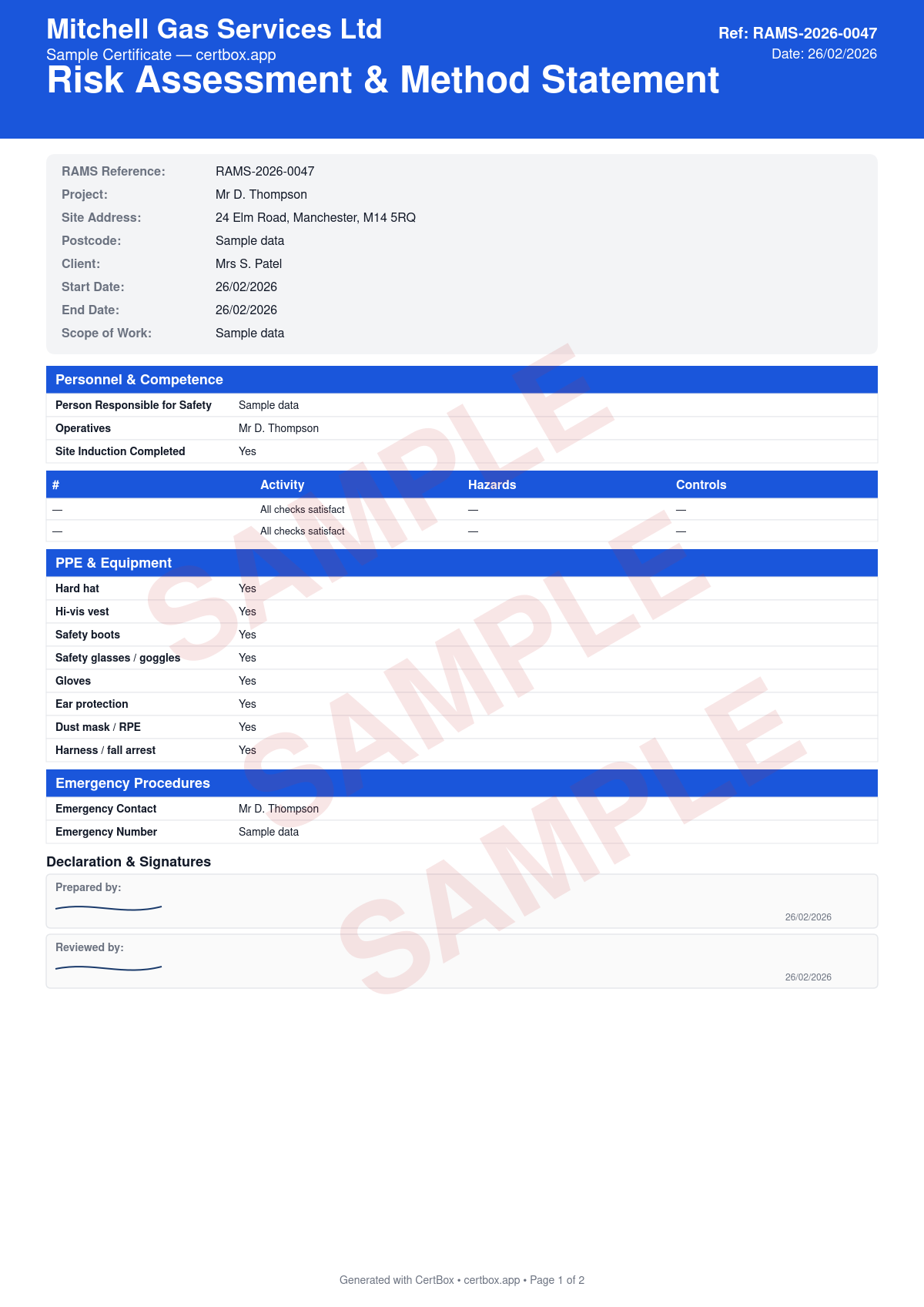 Sample Risk Assessment & Method Statement (RAMS) certificate created with CertBox, showing the professional PDF layout with project details: site address, client, scope of work, and dates, personnel and competence: operatives, qualifications, site induction status, hazard identification with likelihood and severity scoring (initial and residual risk)
