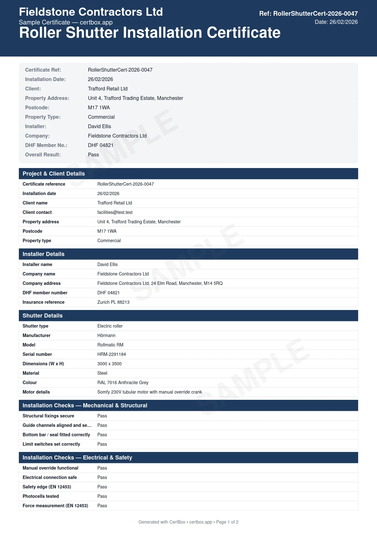 Sample Roller Shutter Installation Certificate certificate created with CertBox, showing the professional PDF layout with shutter type, dimensions, and manufacturer, structural fixing adequacy, motor and limit switch testing