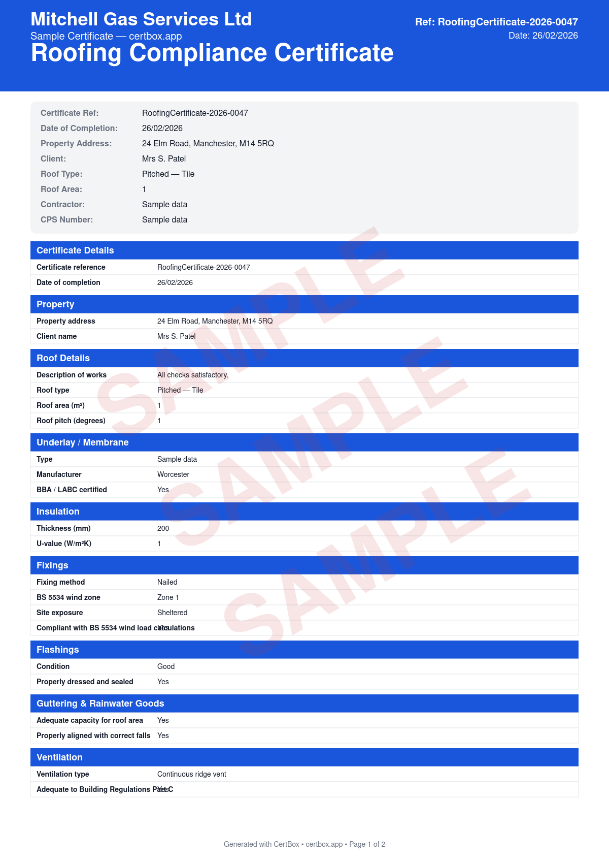 Sample Roofing Compliance Certificate (CPS) certificate created with CertBox, showing the professional PDF layout with roof specification and materials, thermal insulation compliance, structural adequacy assessment