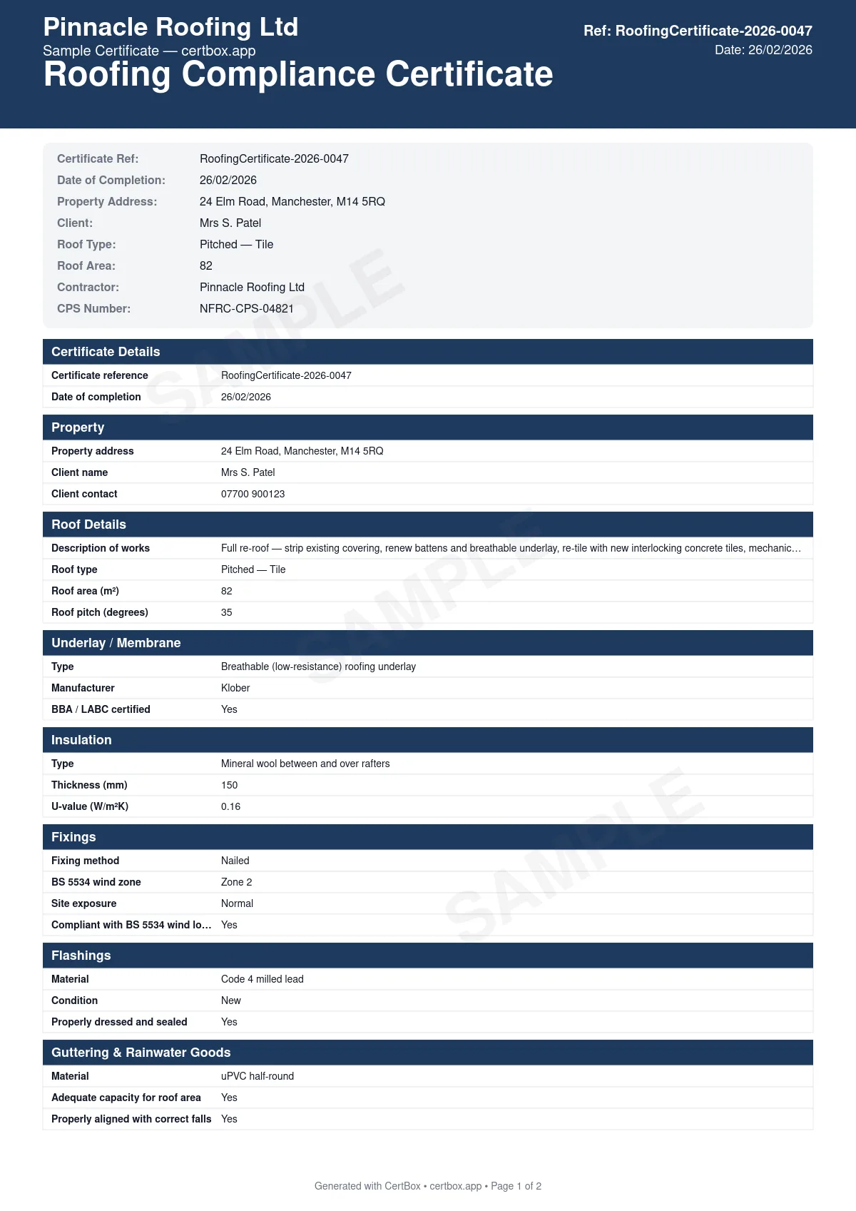 Sample Roofing Compliance Certificate (CPS) certificate created with CertBox, showing the professional PDF layout with roof specification and materials, thermal insulation compliance, structural adequacy assessment