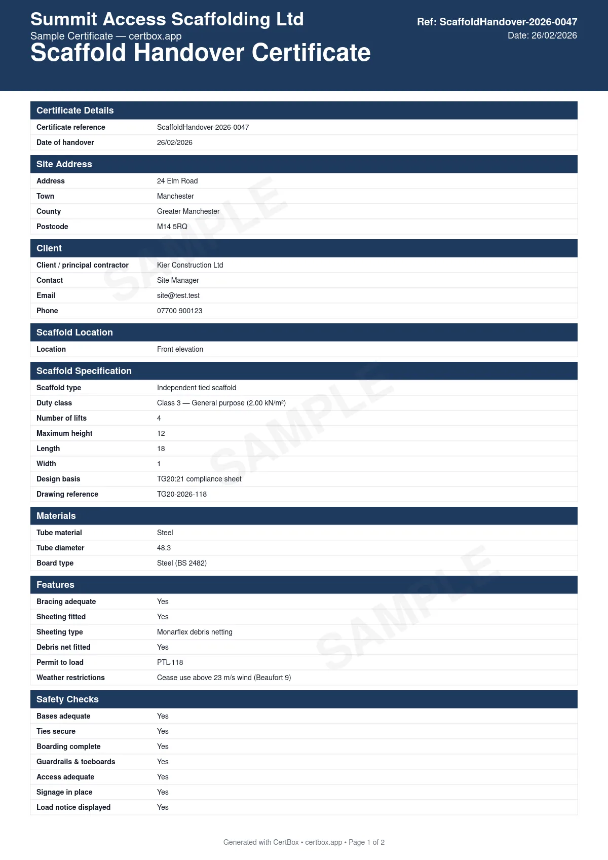 Sample Scaffold Handover Certificate certificate created with CertBox, showing the professional PDF layout with scaffold specification and design, load classification and capacity, tie pattern and bracing