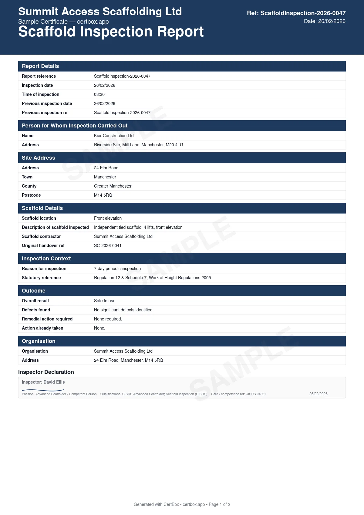 Sample Scaffold Inspection Report (7-day) certificate created with CertBox, showing the professional PDF layout with scaffold condition assessment, structural integrity check, tie and bracing inspection