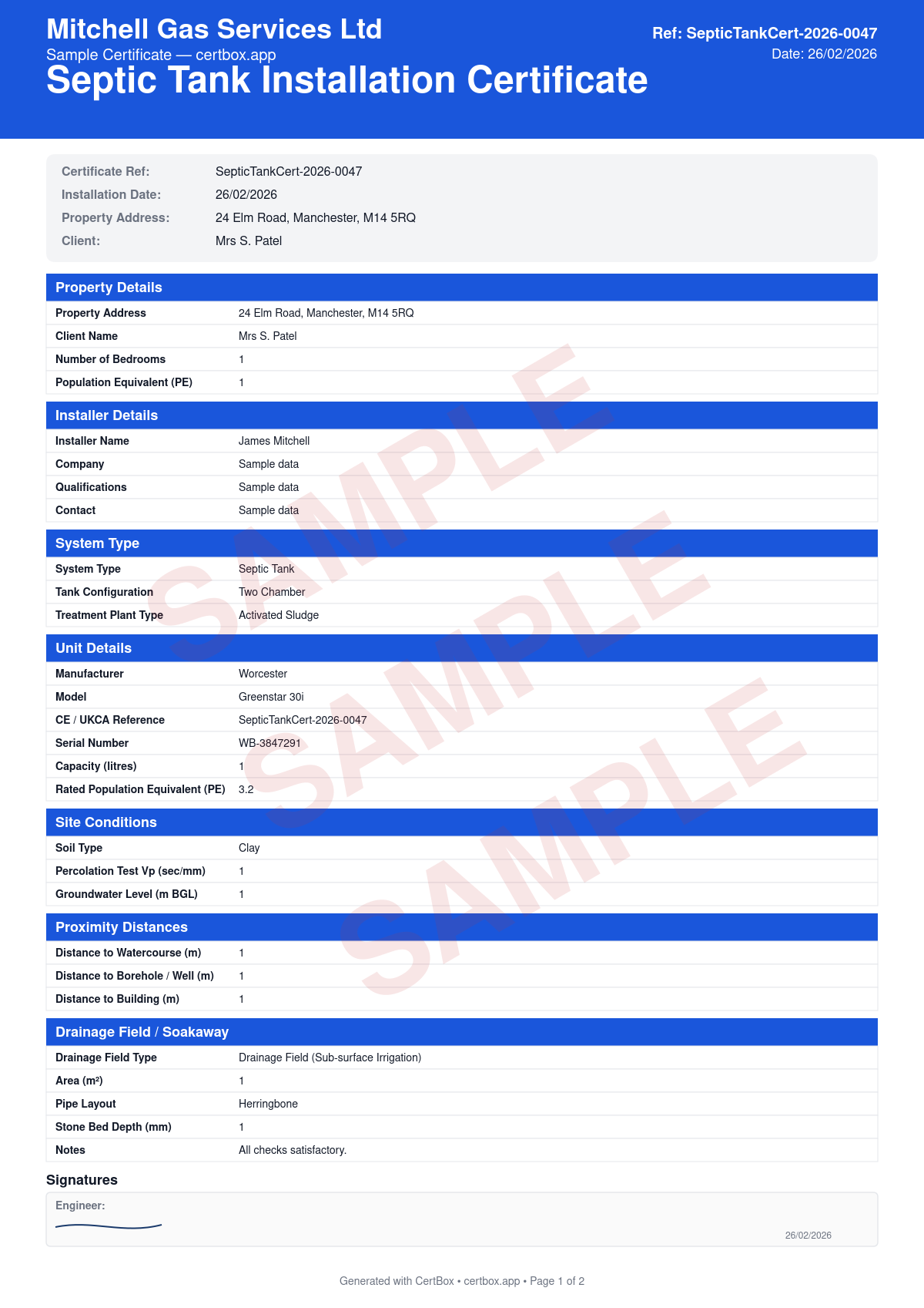 Sample Septic Tank Installation Certificate certificate created with CertBox, showing the professional PDF layout with tank type, capacity, and manufacturer, percolation test results, soakaway/drainage field design